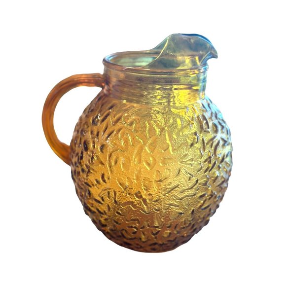 Vintage MCM Anchor Hocking Amber Milano Honey Gold‎ Pitcher 9”. Crinkle Glass - Picture 2 of 4